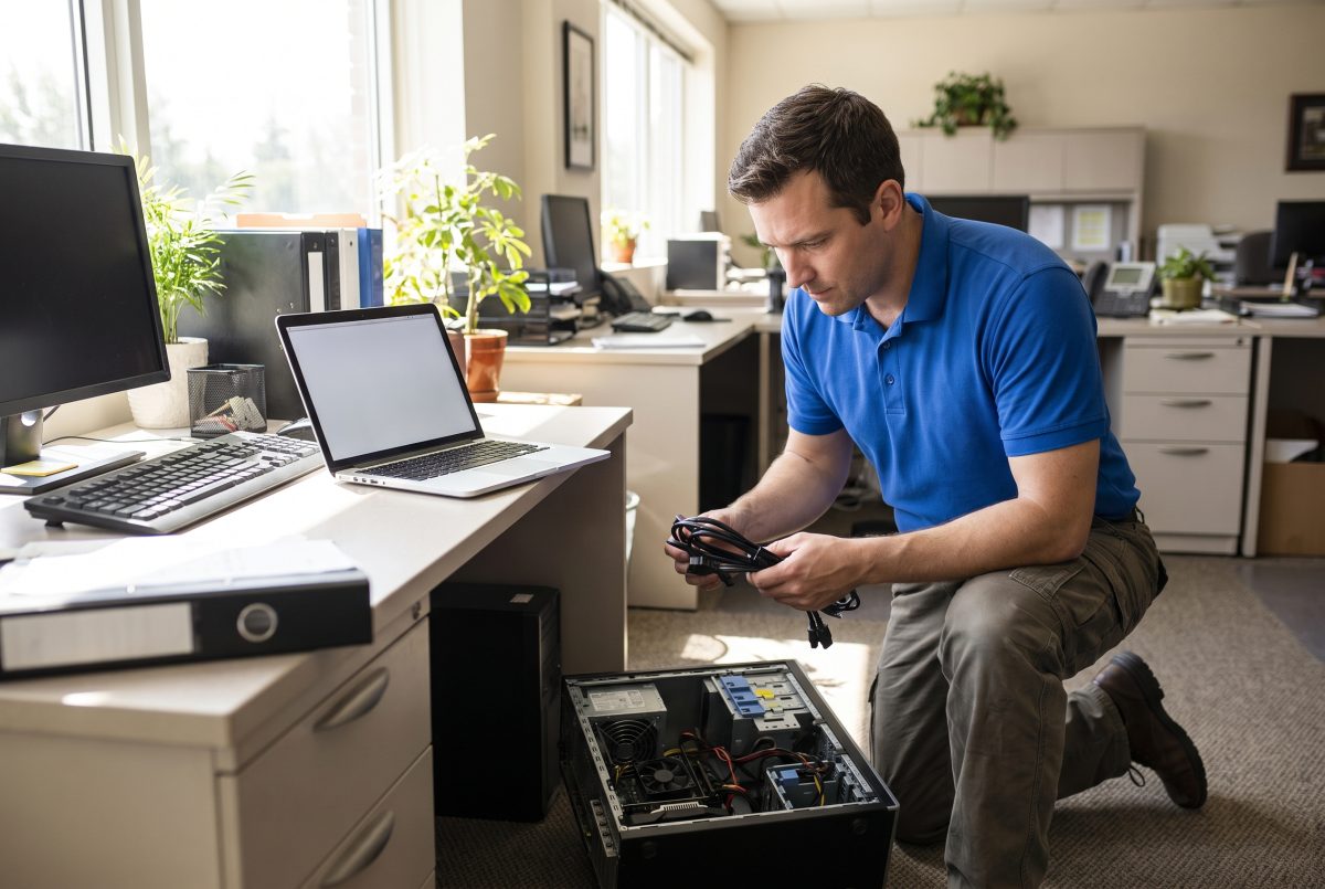 Técnico instalando y configurando un equipo informático en una oficina