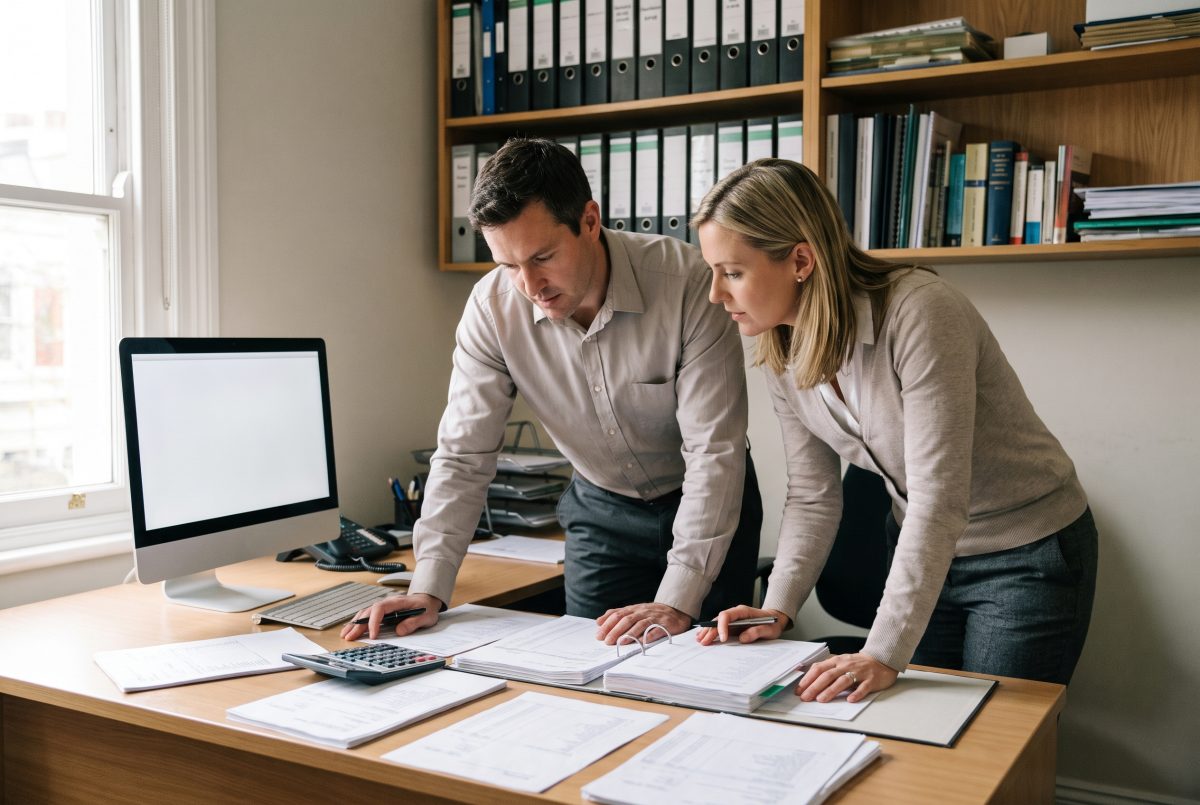 Dos personas revisando la contabilidad de un negocio en un despacho