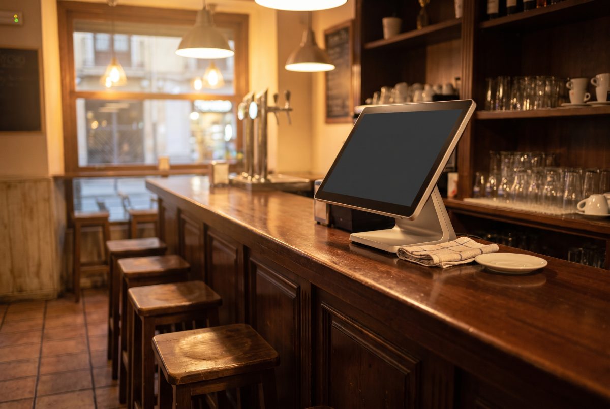 Barra de una cafetería con terminal de punto de venta al cierre