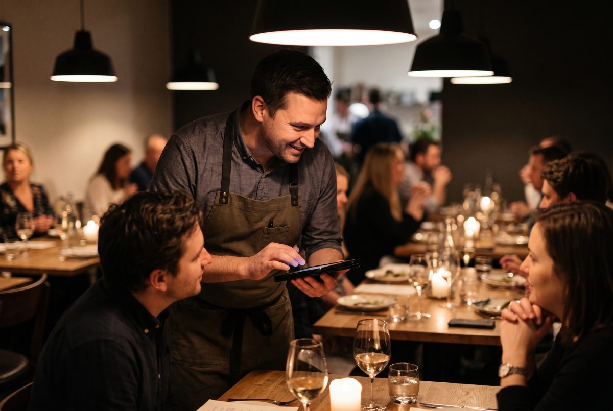 Camarero tomando una comanda con una tablet en un restaurante